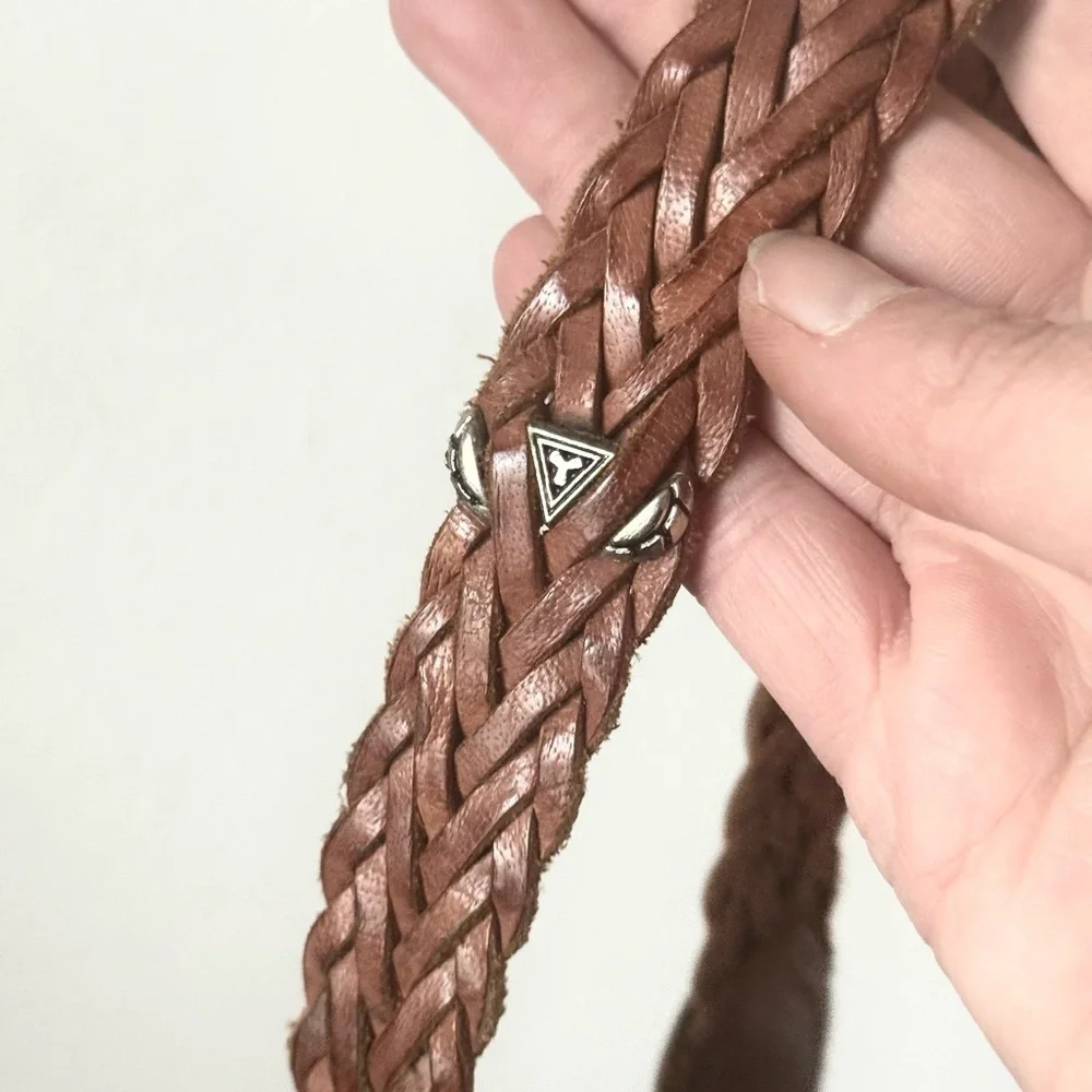 Vintage 1990s Braided Leather Belt with Silver Buckle and details